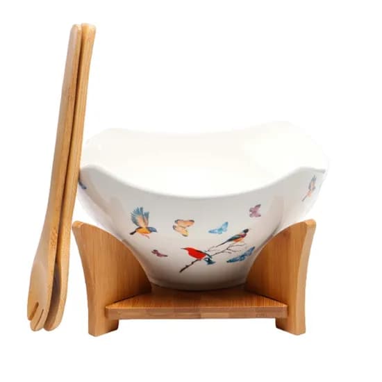 Tigela de Salada de Porcelana com Base de Madeira 23X23X12CM image