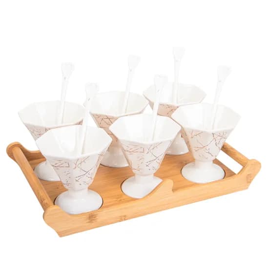 Jogo de Compoteiras de Porcelana com Colher e Base de Madeira 6 Peças - Branco image